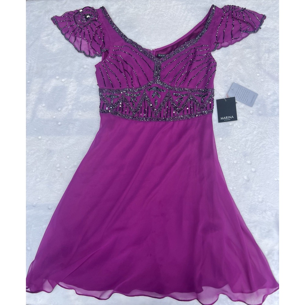NWT Marina Beaded Silky Polyester Purple‎ Violet Flapper Style Dress Size 4